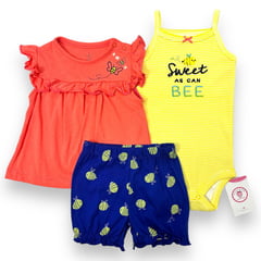 GENERICO - Conjunto 3 Pcs Ropa Bebe Niña 100% Algodon Body Camisa Short