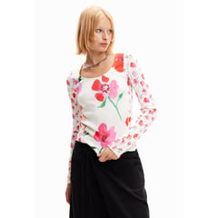 DESIGUAL - Camiseta Mujer con Flores Manga larga de Algodón