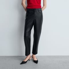 MANGO - Pantalón Recto Mujer Tiro alto Efecto cuero