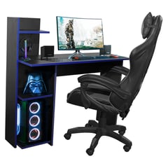 DKO DESIGN - Combo Escritorio King Gamer (110X110X40) Negro Azul + Silla