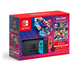 NINTENDO - Consola Switch | Incluye Juego Mario Kart 8 Deluxe + 3 Meses Suscripción Online | 2 Joy-Con Neon, Rojo y Azul | 32GB de almacenamiento