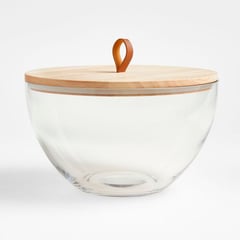 CRATE & BARREL - Bowl Vidrio con Tapa de Madera Tomos 27 x 18 cm