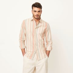 BASEMENT - Camisa Hombre de Rayas Manga larga Slim de Algodón