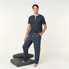 NEWPORT - Pijama para Hombre Larga Manga corta de Cuadros de Algodón