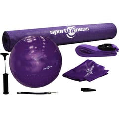 SPORTFITNESS - Kit De Yoga Fitness Morado Balón + Tapete + Inflador + Bandas