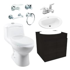 CORONA - Combo Smart: Sanitario Smart Redondo Blanco De Una Pieza + Mueble Esencial Elevado + Lavamanos Marcella + Grifería Nogal + Accesorios Ródano 4 Piezas