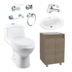 CORONA - Combo Smart: Sanitario Smart Redondo Blanco De Una Pieza + Mueble Esencial A Piso De 55 Cm, Con Lavamanos Marcella + Grifería Koral + Accesorios Ródano 4 Piezas