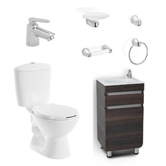 CORONA - Combo Manantial: Sanitario Manantial Redondo Blanco De 2 Piezas + Mueble Aluvia Nogal Con Lavamanos + Grifería Nogal + Accesorios Aluvia 4 Piezas