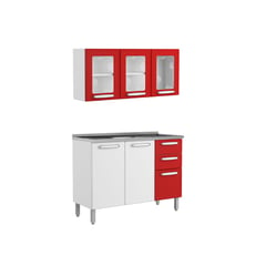 BERTOLINI - Cocina Integral 1,20 M Con Lavaplatos Central Blanco Rojo