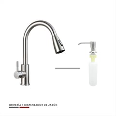 CCOL - Combo Griferia Lavaplatos Extraible Acero Inox + Dispensador De Jabon Lavaplatos Satinado