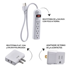 HALUX - Kit Electrico Incluye 1 Multitoma 4 Salidas P/t + Multitoma Flat + Adaptador 3 a 2