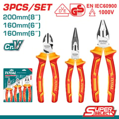 TOTAL TOOLS - Juego 3 Alicates Aislados Combinado 8" Punta Larga 6" y Corte Diagonal 6" 1000V