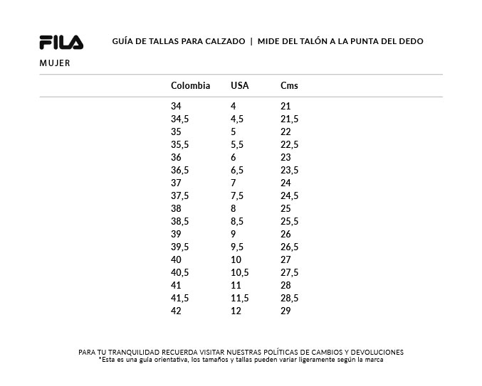 Tabla de talles zapatillas fashion fila mujer